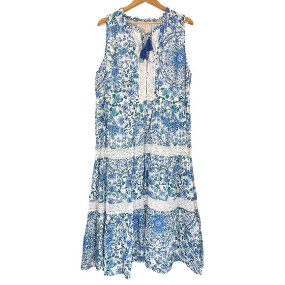 Johnny Was Aster Tiered Midi Dress White Blue Floral XL 100% Linen Boho - Picture 4 of 12